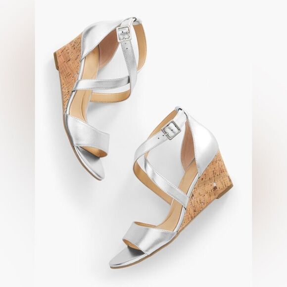 TALBOTS ROYCE METALLIC LEATHER WEDGE SANDALS SIZE 10 - Picture 1 of 10